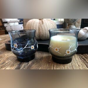 Vintage hand painted candle holders. Blue glass  w white yellow flowers